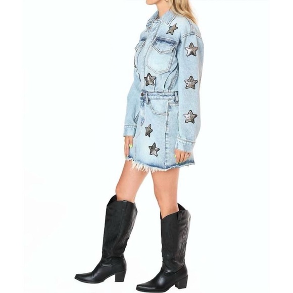 New Buddy Love Denim Dress. Raelynn style with Sequin stars, Mini, Raw edge hem - Picture 4 of 14